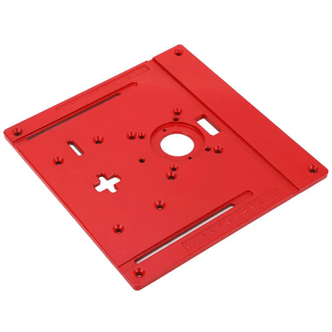 Universal Aluminum Router Table Insert Plate With Precision Center Hole Bands, red anodized aluminum, flat mounting surface for woodworking.