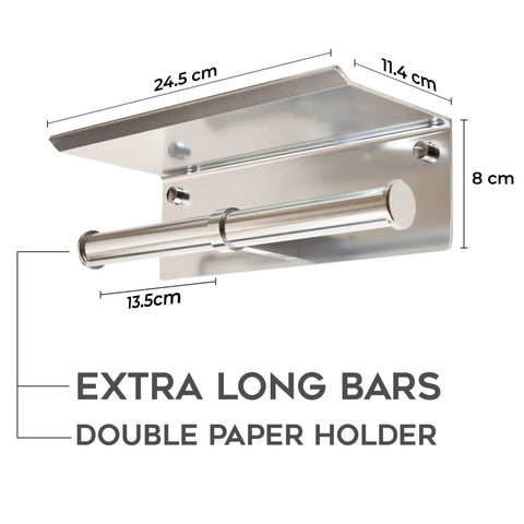 Two In One Bathroom Organizer Lifesaver Dual Toilet Paper Holder With Built In Shelf And 3M Adhesive Tape Rust Resistant Aluminum
