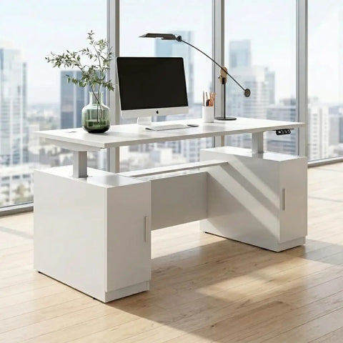 Kickass Hella Spacious Dual Motor Height Adjustable Electric Standing Desk Smooth 67 Inch Wide White Sit Stand Workstation with storage.