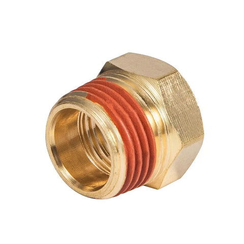 Close-up of brass adapter from Extended Tank Drain Valve Assembly Kit For Air Compressors With Ten Inch Braided Steel Hose One Quarter Inch NPT Drain Valve And Elbow Fitting Plus Two One Quarter To Three Eighths Brass Adapters And Thread Seal Tape For Easy Moisture Drainage
