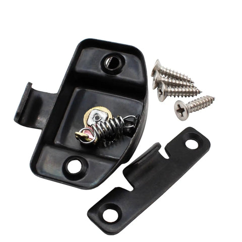 Eight Piece Table Leaf Locks Black Zinc Alloy Extension Connectors including locking plate and screws for tight fit installation.