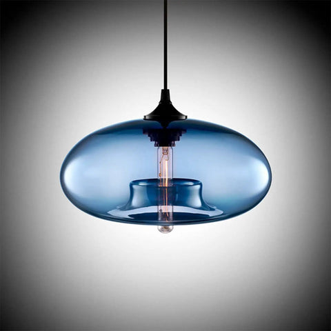 Blue pendant light with visible Dimmable T10 Amber LED Tubular Bulb 6W 60W Equivalent, Retro Edison Style Light, Warm White 2700K