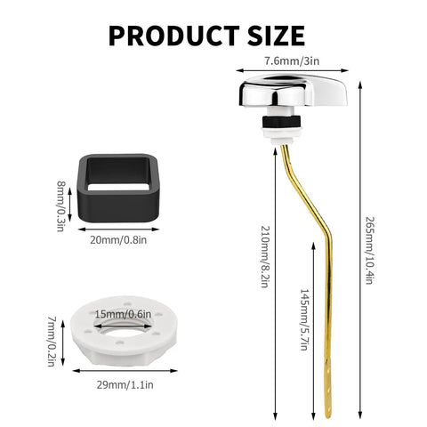 Toilet Handle Replacement Kit For Side Mount Tanks, with copper lever, zinc alloy handle, product size dimensions shown.