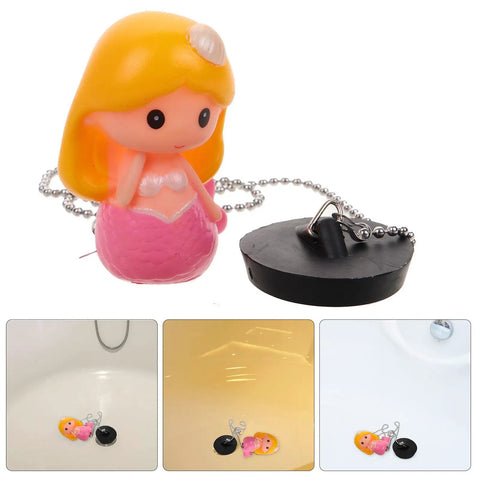 Mermaid Rubber Tub Stopper with Chain for Bathtub Drains in pink, featuring a playful mermaid design and convenient chain.