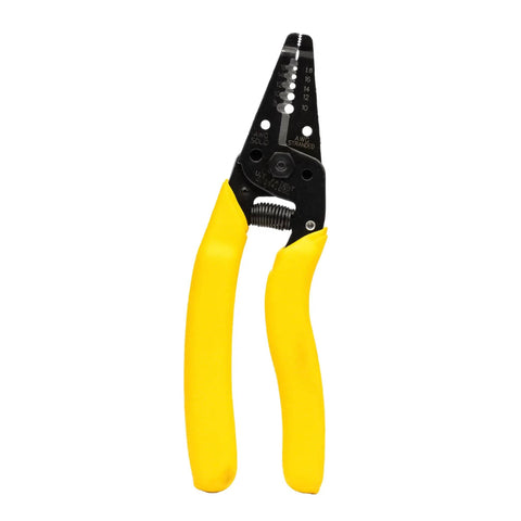 Wire Stripper Tool For 8-16 Solid And 10-18 Stranded Wire With Precision Stripping Holes, Ergonomic Curved Handles, Textured Sleeves, And Locking Handle For Comfort, Pro Grade DIY And Electrical Work shown in yellow.