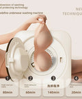 3.5 Liter Wall Mounted Mini Washing And Drying Machine Automatic Tumble Cycle Low Noise Portable Design showing a hand holding a bra near the washer.