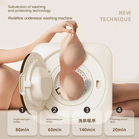 3.5 Liter Wall Mounted Mini Washing And Drying Machine Automatic Tumble Cycle Low Noise Portable Design showing a hand holding a bra near the washer.