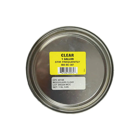 Top view of 1 gallon can of Workhorse Exterior Wood Preservative Finish Clear Semi Transparent Stain with stirring instructions.
