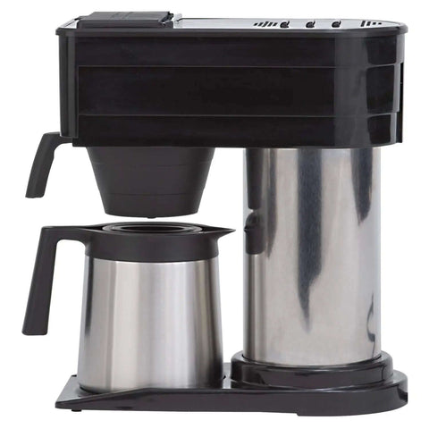 Side view of Speed Brew 10-Cup Home Coffee Brewer With Stainless Steel Hot Water Tank Keeps Water Hot For Quick Brews 70 Oz Capacity Thermal Carafe Black Finish Easy-Access Lid.