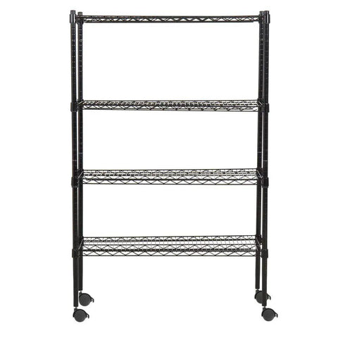 Heavy Duty Black Wire Shelving Unit With Fifty Four Inch Posts And Smooth Rolling Casters, Heavy Lifter Three Shelf Metal Storage Rack, Slick Powder Coated Garage Setup