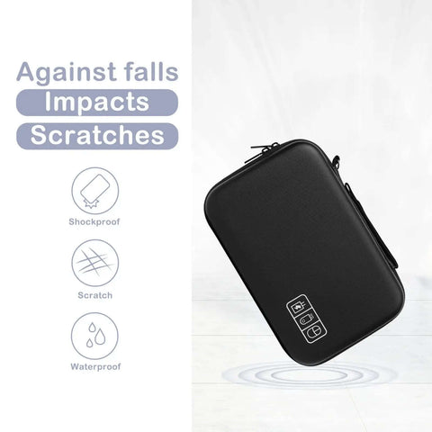 No Sweat Shockproof Electronic Organizer Pouch Built For MacBook Power Adapter And Cable Set, black EVA case, waterproof, compact design.