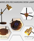 Sleek Desk Lamp With Wireless Charging And USB Port Swing Arm Brass Metal And Wood Nightstand Light Mid Century Modern Reading Lamp For Bedroom Living Room Office 5 Watt Bulb Included.