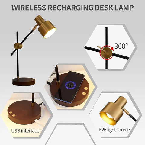 Sleek Desk Lamp With Wireless Charging And USB Port Swing Arm Brass Metal And Wood Nightstand Light Mid Century Modern Reading Lamp For Bedroom Living Room Office 5 Watt Bulb Included.