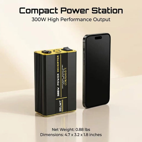 Road Trip Ready 300 Watt Car Power Inverter With Dual AC Outlets And Fast USB Ports Highway Cruising DC To AC Converter beside smartphone.