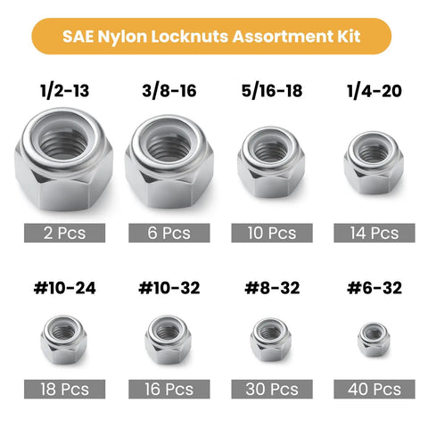 SAE Lock Nuts Assortment Kit 136-Piece Nylock Locknut Set in inch sizes with 304 stainless steel, showing various sizes and pieces.