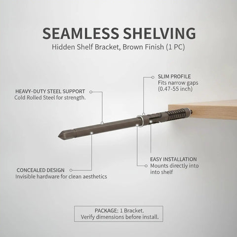 Slim 0.47 Inch Hidden Shelf Bracket in cold rolled steel with brown finish, showing seamless installation for tight spaces.