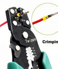 Heavy Duty Wire Crimping Tool With Stripper Cutter For Open Barrel Terminals And Heat Shrink Connectors, showing crimping action
