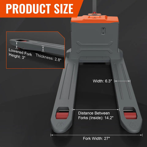 Product size details for Heavy Duty Electric Pallet Jack Truck With 3300 Lb Capacity And Lithium Ion Battery, showing fork dimensions.
