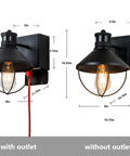 Outdoor Wall Light With GFCI Outlet, 2 Pack, barn style, black metal, with and without outlet comparison, dimensions shown