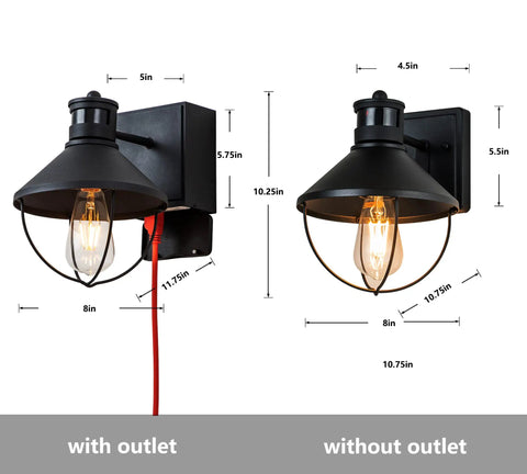 Outdoor Wall Light With GFCI Outlet, 2 Pack, barn style, black metal, with and without outlet comparison, dimensions shown