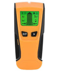 Close-up of a 3 in 1 Stud Finder Wall Scanner with Live Wire Detector, orange body, LCD screen showing detection indicators.