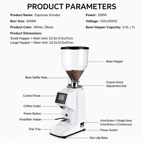 Top Shelf Digital Touch Screen Commercial Coffee Grinder Built With Food Grade Stainless Steel Flat Burrs For Smooth Batch Grinding And Serious Morning Fuel At Home Or The Cafe, showing details of controls and bean hopper.