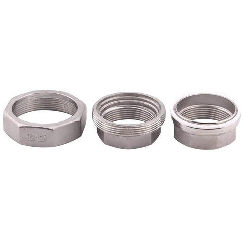 1-1/2 Inch NPT Female Union Cast Pipe Fitting Stainless Steel 304 Class 150 Threaded Connector For Pipe Systems And Water Lines Ideal For Residential And Commercial Plumbing Applications Corrosion Resistant, shown in three views