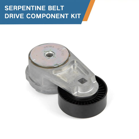 Beefed Up Serpentine Belt Tensioner Pulley Kit With Idler For Dodge Grand Caravan Charger Durango Ram 1500 2500 3500 And Chrysler 200 300 Town And Country 3.6L V6 3 Piece Replacement Kit in silver and black