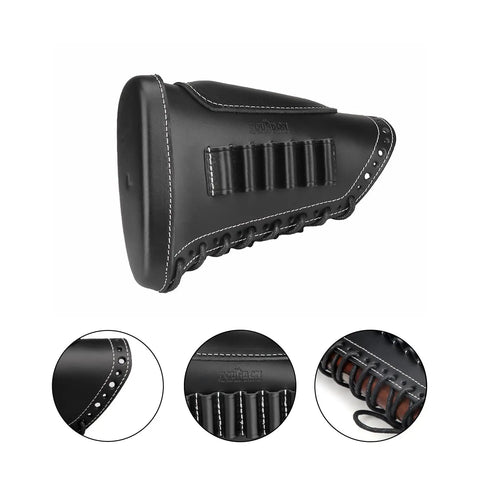 Leather Recoil Pad With Shell Holder For Rifle Buttstock Cheek Riser, Lace On, Black, Holds Up To Six Shells, close-up view, adjustable strap detail.