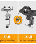 Comparison of 1.7 lbs aluminum and 3.6+ lbs cast iron vises with focus on Universal Table Vise 3 Inch With 360 Degree Swivel Base.