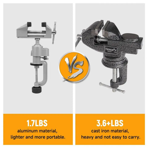 Comparison of 1.7 lbs aluminum and 3.6+ lbs cast iron vises with focus on Universal Table Vise 3 Inch With 360 Degree Swivel Base.