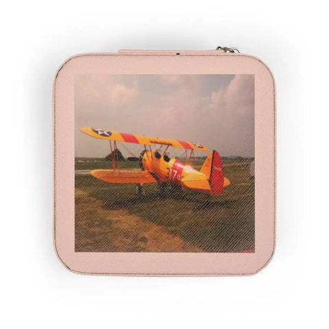 Stearman Pre WWII Trainer Aircraft Jewelry Travel Case Pink Ultra Compact 4x4x2 Inch Jewelry Box With Soft Plush Lining
