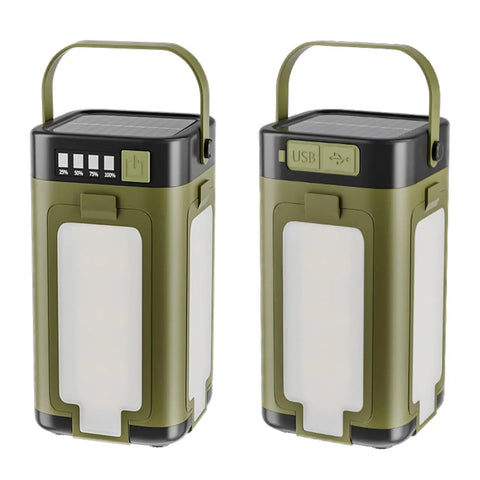 Portable IPX4 Waterproof Camping Lantern With 2000mAh Solar Charging, shown with USB and LED power indicator