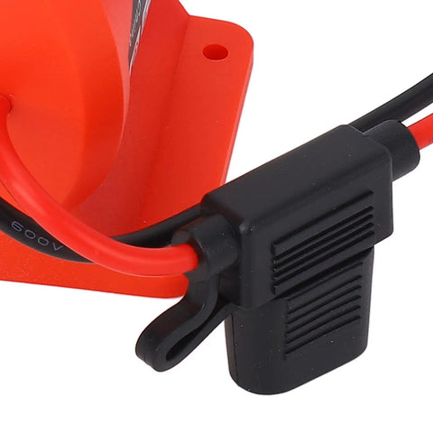 Close-up of 18V Battery Adapter Harness Connector Fusing Holder For Riding Toys And RC Robots, red and black wires with 40A fuse