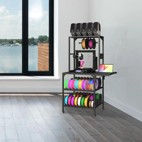 Solid As A Rock 4 Tier Rolling 3D Printer Stand With Hella Spacious Spool Storage And Sturdy Metal Workstation Desk showcasing colorful filament spools and printer.