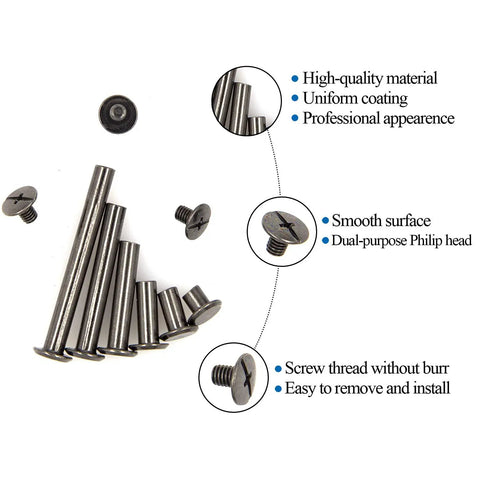 Rock Solid Heavy Duty M5 Chicago Screws Kickass 60 Pair Black Phillips Binding Post Set For Scrapbook Photo Albums And Leather Purse Belt Repair With Six Assorted Lengths, assorted lengths and smooth surfaces shown.