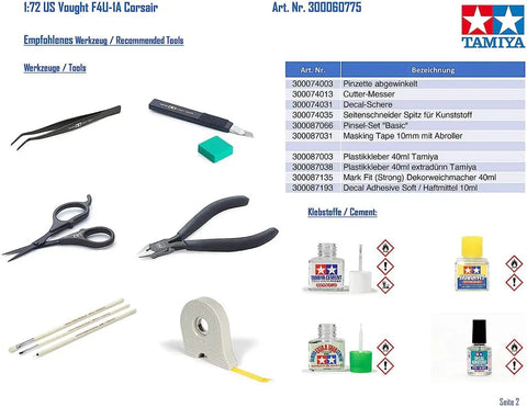 Recommended tools and materials for 1/72 Vought F4U-1A Corsair Plastic Model Airplane Kit for Static Display.
