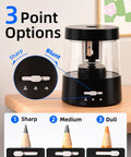 Must Have Electric Pencil Sharpener for Home and School Powered by USB or AA Batteries, Adjustable 6 to 8 Mm Blades, Sleek Black, Fast Sharpening, Mess Reducing, Portable and Easy to Use for Kids and Adults. Black electric pencil sharpener with 3-point adjustment for sharp, medium, and dull pencils.