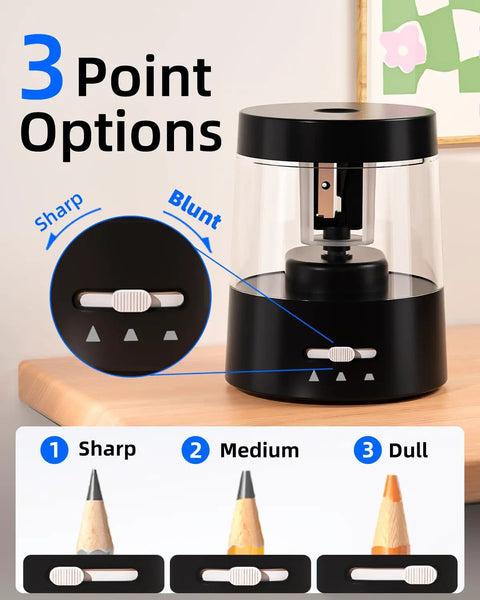 Must Have Electric Pencil Sharpener for Home and School Powered by USB or AA Batteries, Adjustable 6 to 8 Mm Blades, Sleek Black, Fast Sharpening, Mess Reducing, Portable and Easy to Use for Kids and Adults. Black electric pencil sharpener with 3-point adjustment for sharp, medium, and dull pencils.