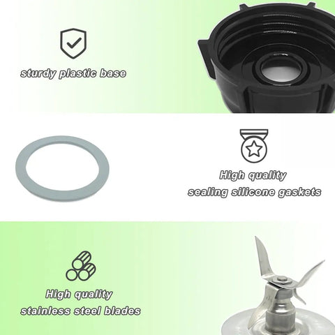 Replacement Blender Parts Kit With Ice Crusher Blade Jar Base Cap Two Rubber O Rings And Sealing Gasket Durable Stainless Steel Blade Fits Oster Osterizer Blenders Not For Pro Master Versa Models showing plastic base, rubber gasket, and stainless steel blade