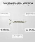 Diagram of 304 Stainless Steel Countersunk Wood Screws, Self Tapping Flat Head Fasteners for Furniture Assembly and Woodworking Projects