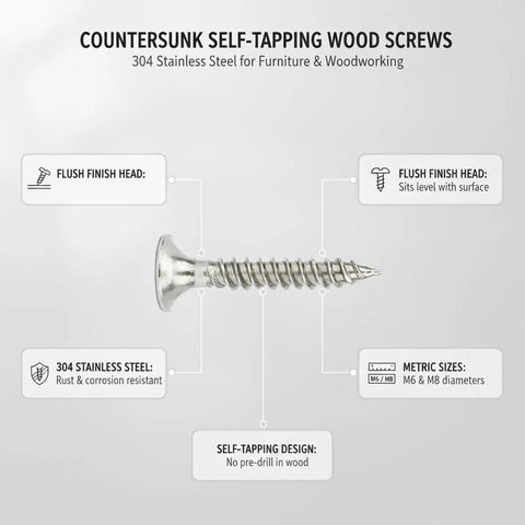 Diagram of 304 Stainless Steel Countersunk Wood Screws, Self Tapping Flat Head Fasteners for Furniture Assembly and Woodworking Projects