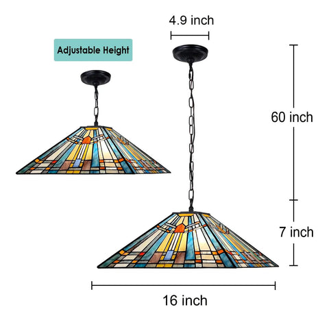 Two Light Tiffany Style Pendant Light Fixture 16 Inch Large Mission Vintage Stained Glass Hanging Lamp for dining room