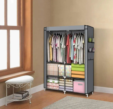 Space Saving Wardrobe Organizer Closet with Two Hanging Rods Portable Standing Fabric Wardrobe in Brown for easy access clothes.
