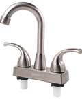 Solid Build RV Bathroom Faucet With Four Inch Centerset Setup And Six Inch High Arch Swivel Spout Smooth Lever Handles Plug And Play Camper Sink Replacement close-up view