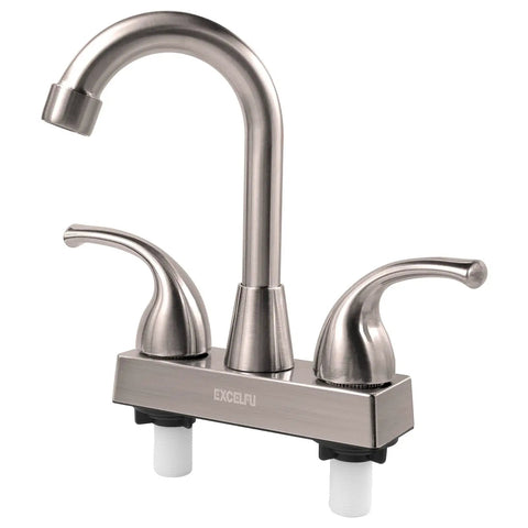 Solid Build RV Bathroom Faucet With Four Inch Centerset Setup And Six Inch High Arch Swivel Spout Smooth Lever Handles Plug And Play Camper Sink Replacement close-up view