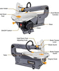 Side view of a 16 Inch Scroll Saw For Woodworking With A Large Tilting Table And Built In Dust Port, showing components labeled.
