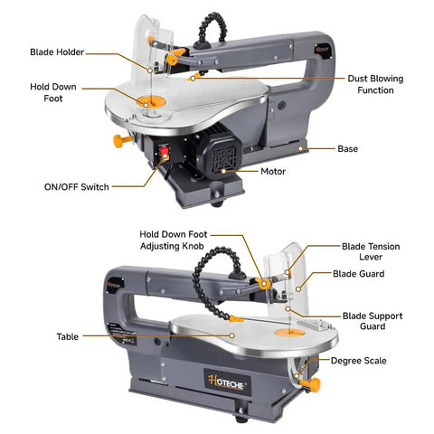 Side view of a 16 Inch Scroll Saw For Woodworking With A Large Tilting Table And Built In Dust Port, showing components labeled.