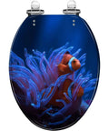 Tropical Beach Thatched Roof Umbrella Pattern Elongated Resin Toilet Seat With Butter Smooth Soft Close Lid Quick Release Hinges Bottom Mount For American Standard Toilets Easy Peasy Wipe Down featuring coral reef design.