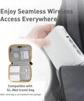 Person placing Opal Portable WiFi Travel Router With OpenWrt AC1200 into backpack, GL.iNet travel bag shown inset